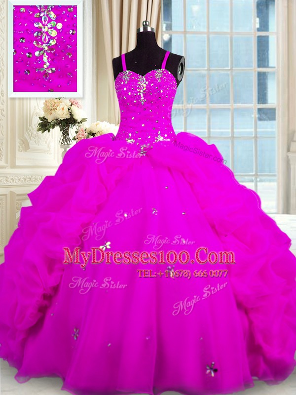 Noble Fuchsia Ball Gowns Organza Spaghetti Straps Sleeveless Beading and Pick Ups Floor Length Lace Up Vestidos de Quinceanera