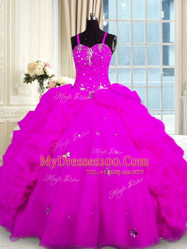 Noble Fuchsia Ball Gowns Organza Spaghetti Straps Sleeveless Beading and Pick Ups Floor Length Lace Up Vestidos de Quinceanera