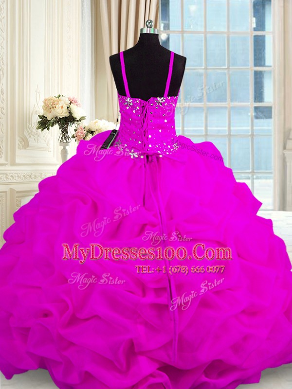 Noble Fuchsia Ball Gowns Organza Spaghetti Straps Sleeveless Beading and Pick Ups Floor Length Lace Up Vestidos de Quinceanera
