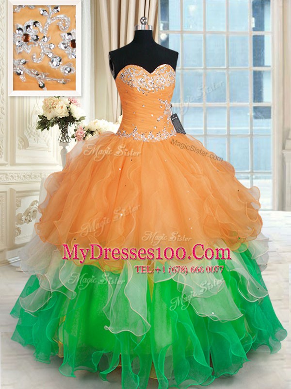 Popular Floor Length Lace Up Sweet 16 Dresses Multi-color for Military Ball and Sweet 16 and Quinceanera with Beading and Ruffles