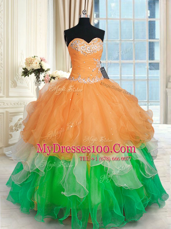 Popular Floor Length Lace Up Sweet 16 Dresses Multi-color for Military Ball and Sweet 16 and Quinceanera with Beading and Ruffles