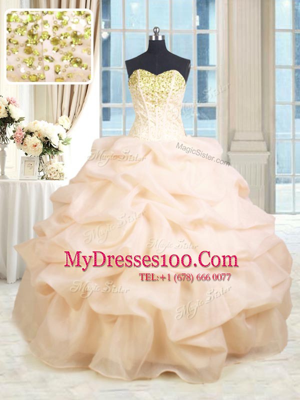 Peach Sleeveless Organza Lace Up Sweet 16 Quinceanera Dress for Military Ball and Sweet 16 and Quinceanera