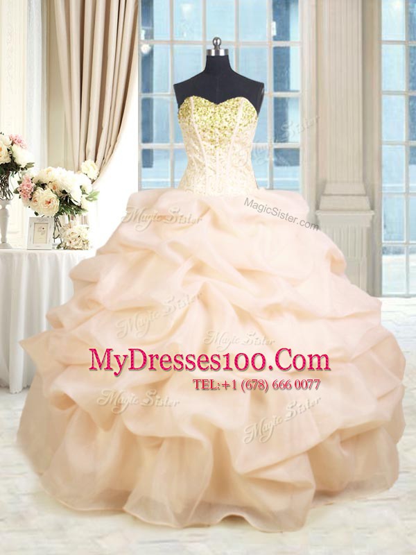 Peach Sleeveless Organza Lace Up Sweet 16 Quinceanera Dress for Military Ball and Sweet 16 and Quinceanera