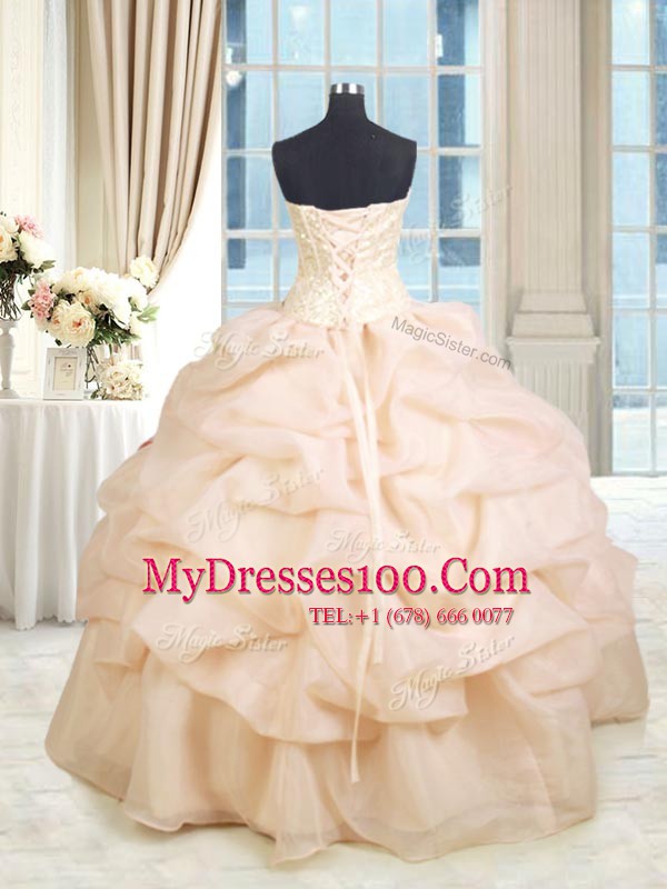Peach Sleeveless Organza Lace Up Sweet 16 Quinceanera Dress for Military Ball and Sweet 16 and Quinceanera