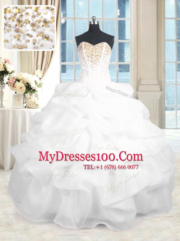 White Organza Lace Up Sweetheart Sleeveless Floor Length Quinceanera Dress Beading and Ruffles