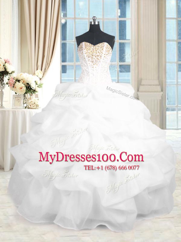 White Organza Lace Up Sweetheart Sleeveless Floor Length Quinceanera Dress Beading and Ruffles