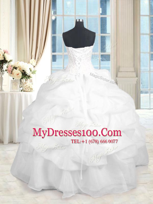 White Organza Lace Up Sweetheart Sleeveless Floor Length Quinceanera Dress Beading and Ruffles