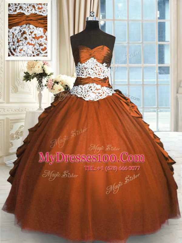 Floor Length Lace Up Quince Ball Gowns Rust Red for Military Ball and Sweet 16 and Quinceanera with Beading and Lace and Ruching and Pick Ups