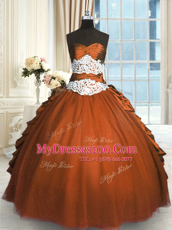 Floor Length Lace Up Quince Ball Gowns Rust Red for Military Ball and Sweet 16 and Quinceanera with Beading and Lace and Ruching and Pick Ups