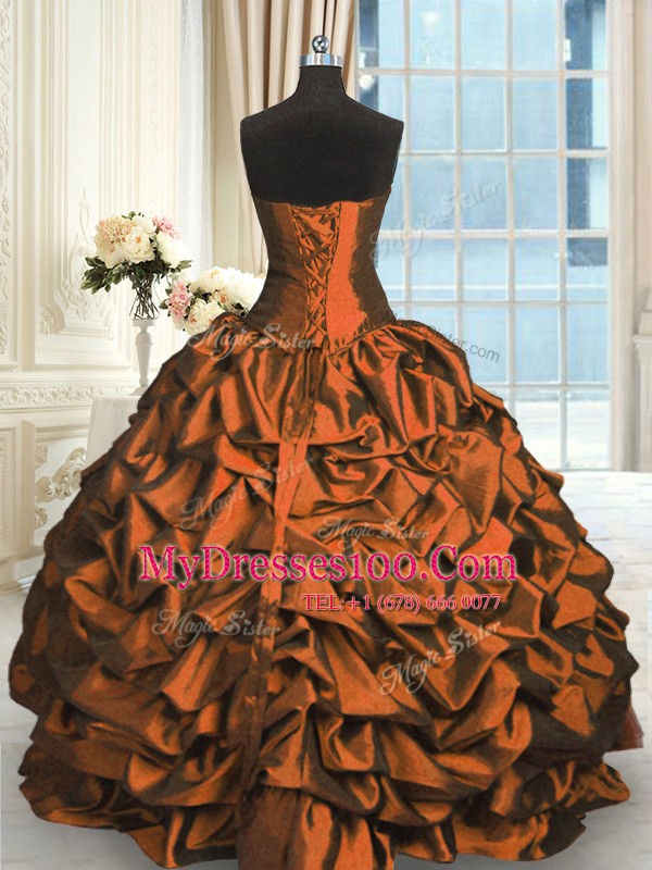 Floor Length Lace Up Quince Ball Gowns Rust Red for Military Ball and Sweet 16 and Quinceanera with Beading and Lace and Ruching and Pick Ups