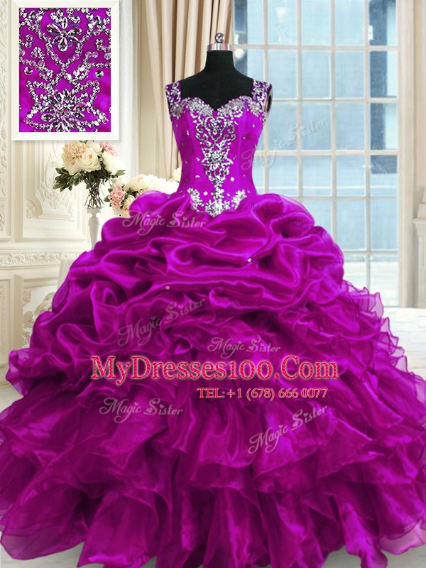 Eye-catching Fuchsia Lace Up Straps Beading and Ruffles and Pick Ups 15 Quinceanera Dress Organza Sleeveless