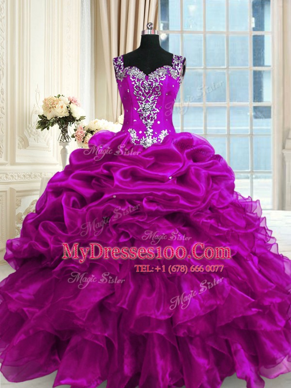 Eye-catching Fuchsia Lace Up Straps Beading and Ruffles and Pick Ups 15 Quinceanera Dress Organza Sleeveless