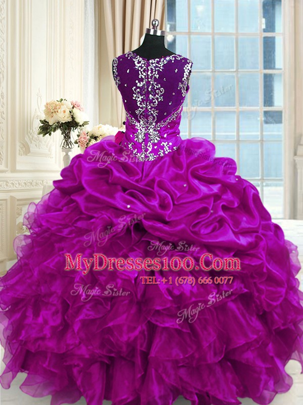 Eye-catching Fuchsia Lace Up Straps Beading and Ruffles and Pick Ups 15 Quinceanera Dress Organza Sleeveless