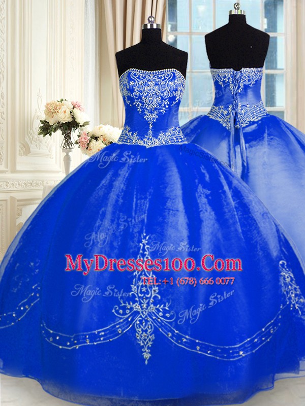 Nice Royal Blue Ball Gowns Strapless Sleeveless Organza Floor Length Lace Up Beading and Embroidery Quinceanera Gowns