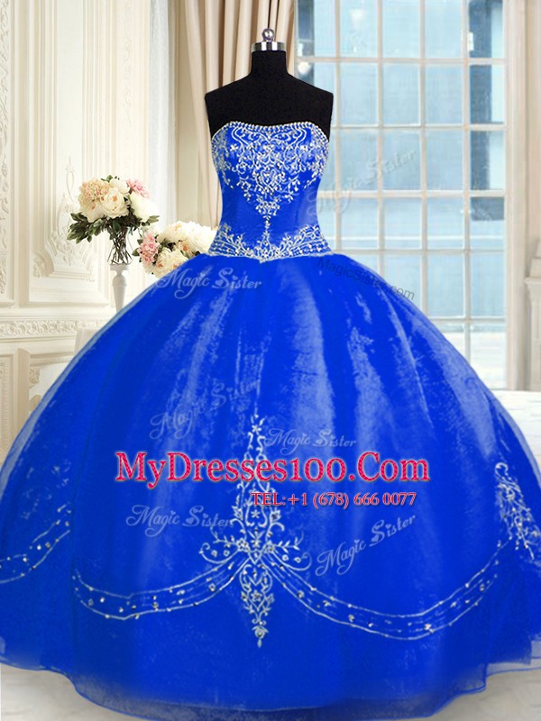 Nice Royal Blue Ball Gowns Strapless Sleeveless Organza Floor Length Lace Up Beading and Embroidery Quinceanera Gowns