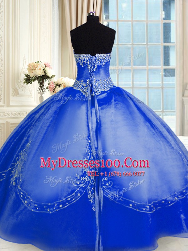 Nice Royal Blue Ball Gowns Strapless Sleeveless Organza Floor Length Lace Up Beading and Embroidery Quinceanera Gowns