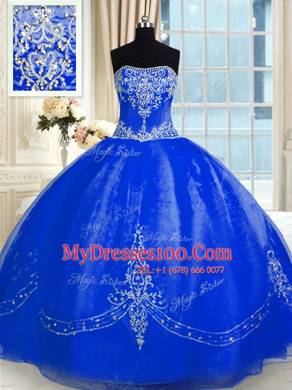 Nice Royal Blue Ball Gowns Strapless Sleeveless Organza Floor Length Lace Up Beading and Embroidery Quinceanera Gowns