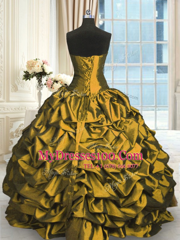 Luxury Sweetheart Sleeveless 15 Quinceanera Dress Floor Length Beading and Appliques and Pick Ups Olive Green Taffeta and Tulle