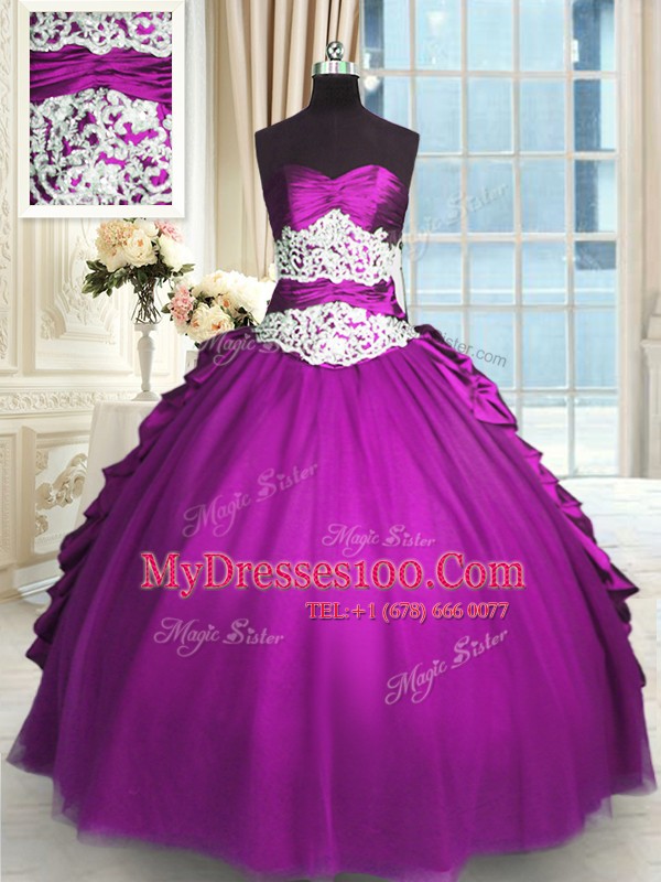 Eggplant Purple Ball Gowns Sweetheart Sleeveless Taffeta and Tulle Floor Length Lace Up Beading and Lace and Ruching and Pick Ups 15th Birthday Dress