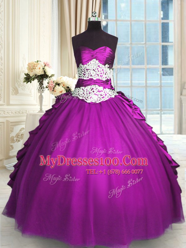 Eggplant Purple Ball Gowns Sweetheart Sleeveless Taffeta and Tulle Floor Length Lace Up Beading and Lace and Ruching and Pick Ups 15th Birthday Dress