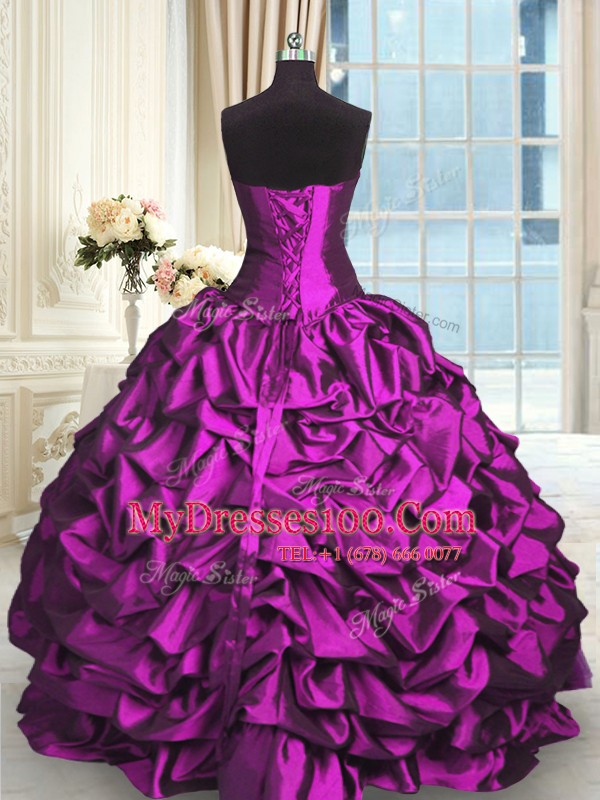 Eggplant Purple Ball Gowns Sweetheart Sleeveless Taffeta and Tulle Floor Length Lace Up Beading and Lace and Ruching and Pick Ups 15th Birthday Dress