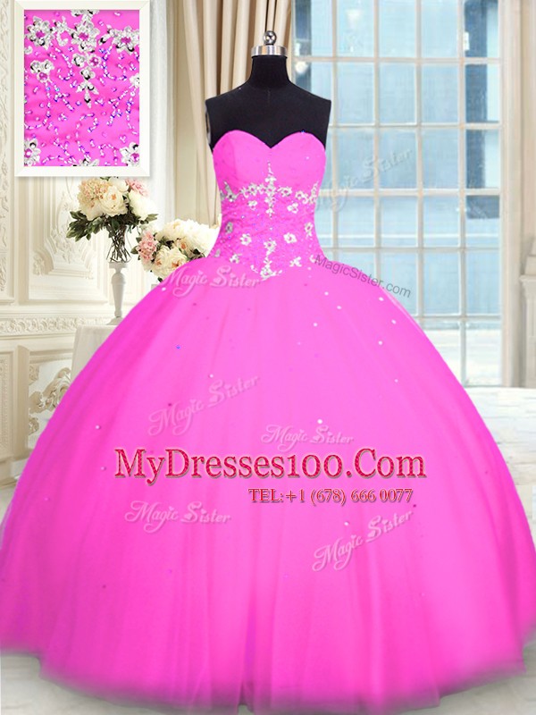 Pink Sleeveless Floor Length Appliques Lace Up Quinceanera Dress