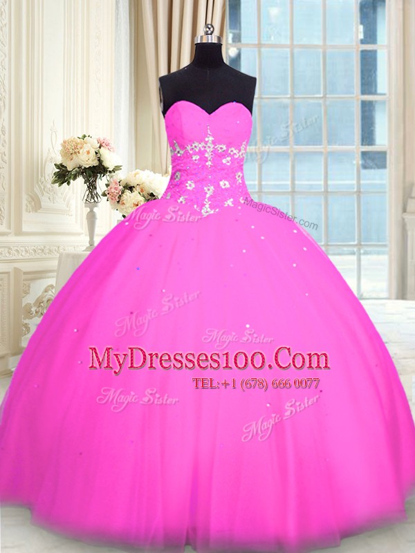 Pink Sleeveless Floor Length Appliques Lace Up Quinceanera Dress