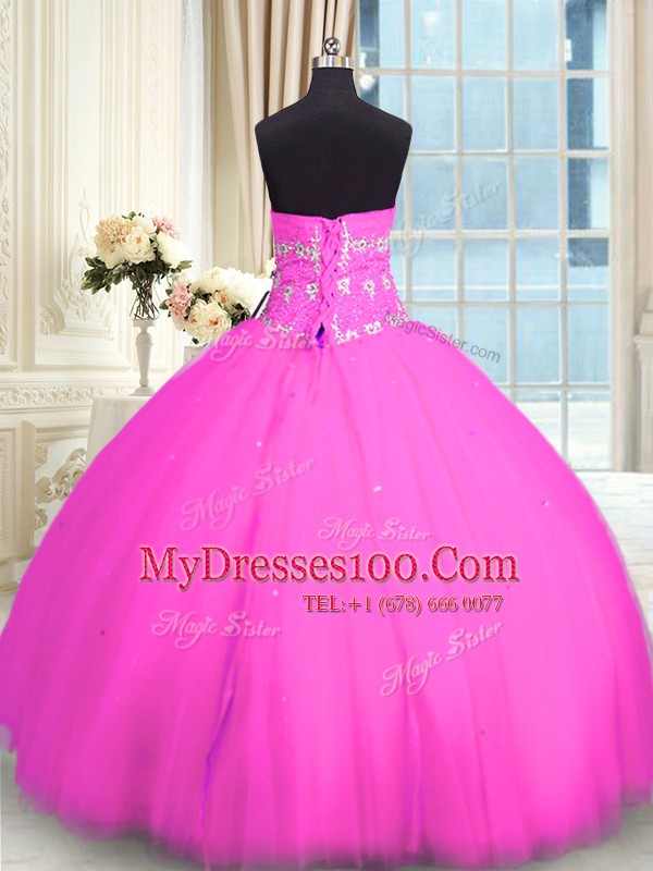 Pink Sleeveless Floor Length Appliques Lace Up Quinceanera Dress