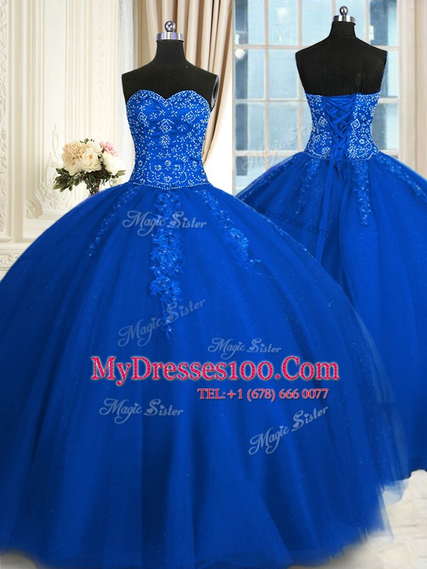 Blue Lace Up Quinceanera Dresses Appliques and Embroidery Sleeveless Floor Length