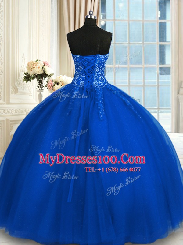 Blue Lace Up Quinceanera Dresses Appliques and Embroidery Sleeveless Floor Length
