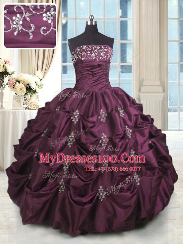 Pick Ups Floor Length Ball Gowns Sleeveless Burgundy Quince Ball Gowns Lace Up