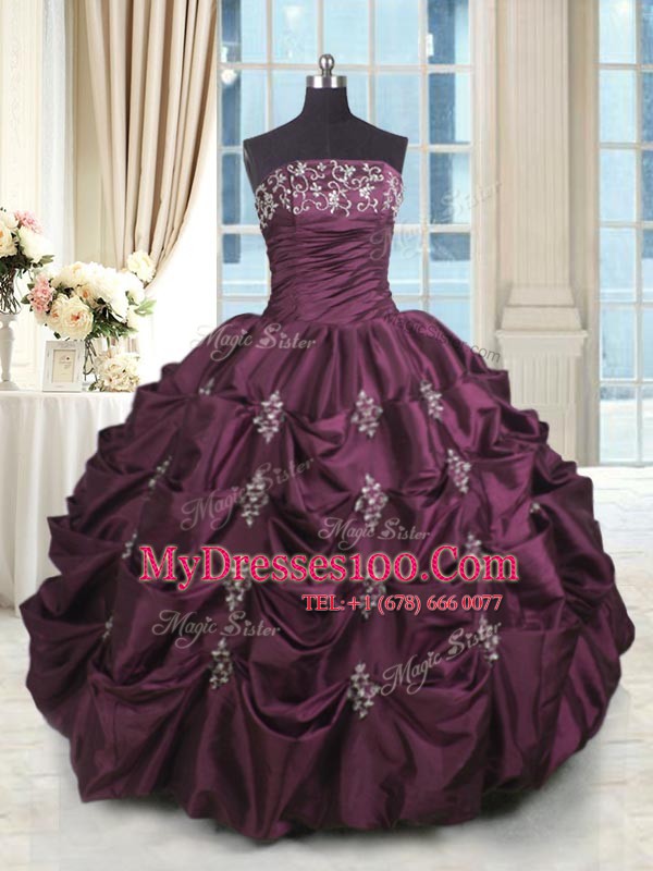 Pick Ups Floor Length Ball Gowns Sleeveless Burgundy Quince Ball Gowns Lace Up