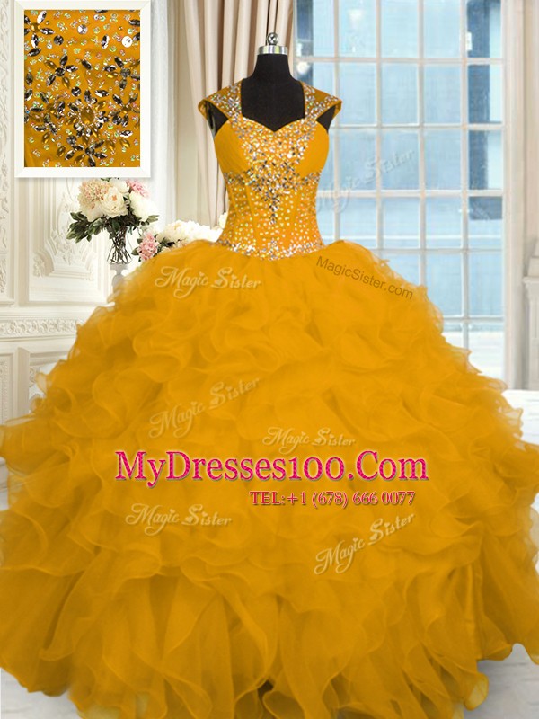 Graceful Floor Length Lace Up Quinceanera Dress Gold for Military Ball and Sweet 16 and Quinceanera with Beading and Ruffles