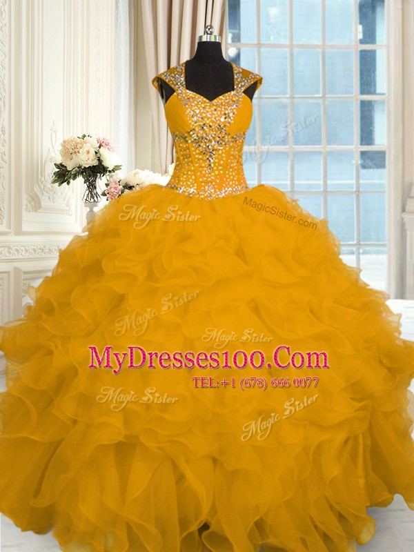 Graceful Floor Length Lace Up Quinceanera Dress Gold for Military Ball and Sweet 16 and Quinceanera with Beading and Ruffles