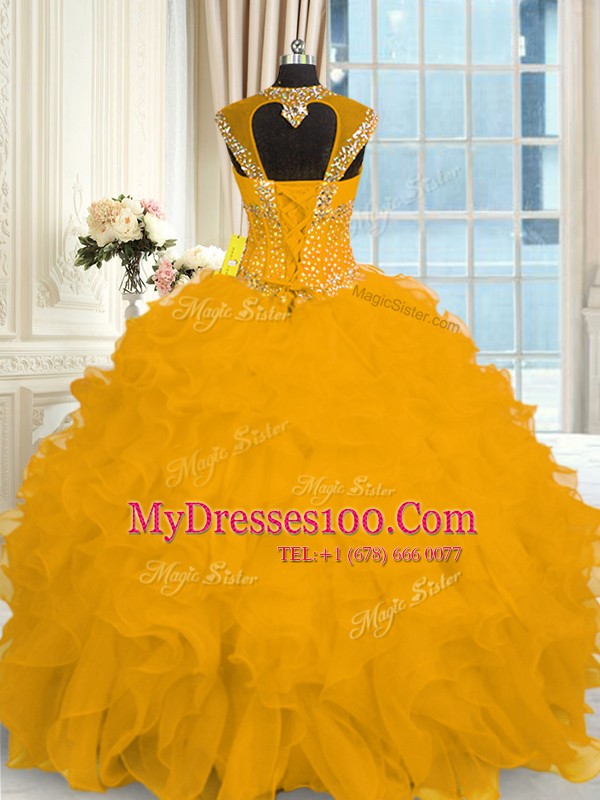 Graceful Floor Length Lace Up Quinceanera Dress Gold for Military Ball and Sweet 16 and Quinceanera with Beading and Ruffles