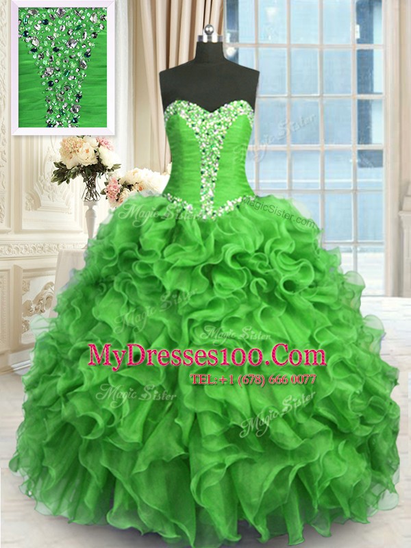 Customized Sweetheart Sleeveless 15 Quinceanera Dress Floor Length Beading and Ruffles Green Organza