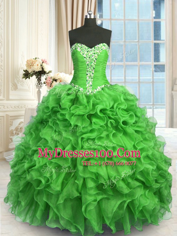 Customized Sweetheart Sleeveless 15 Quinceanera Dress Floor Length Beading and Ruffles Green Organza