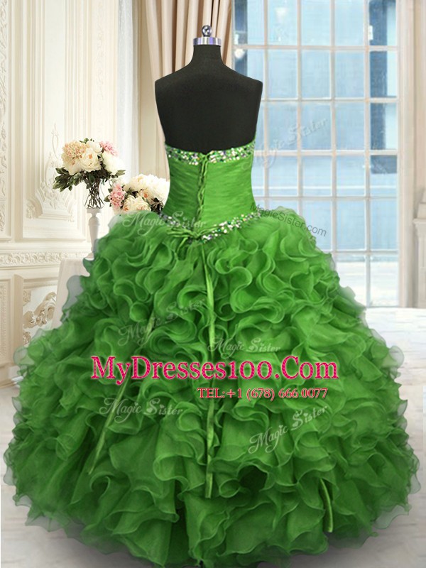Customized Sweetheart Sleeveless 15 Quinceanera Dress Floor Length Beading and Ruffles Green Organza