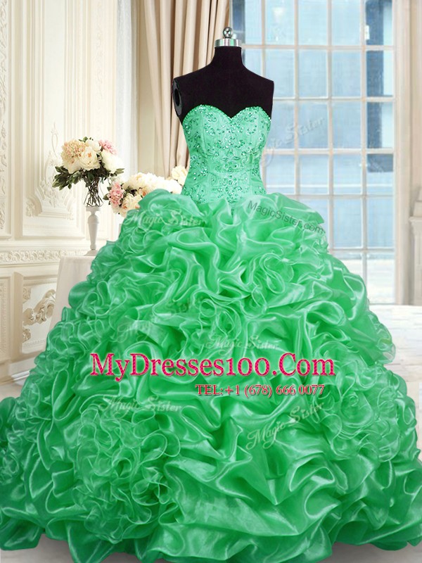 Sweet Green Sweetheart Lace Up Beading Quinceanera Dresses Sweep Train Sleeveless
