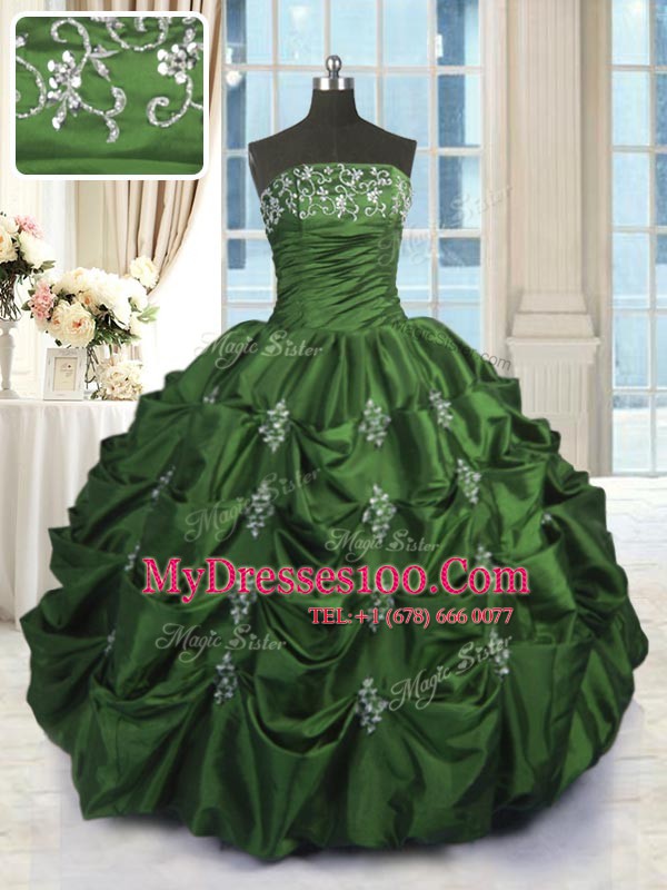 Green Strapless Lace Up Beading and Appliques and Embroidery and Pick Ups Quince Ball Gowns Sleeveless