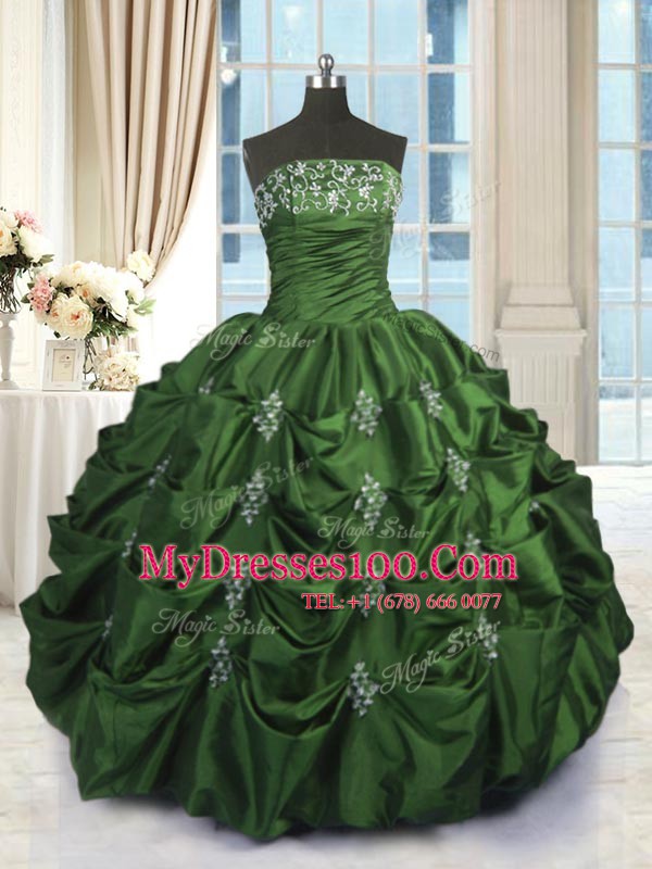 Green Strapless Lace Up Beading and Appliques and Embroidery and Pick Ups Quince Ball Gowns Sleeveless