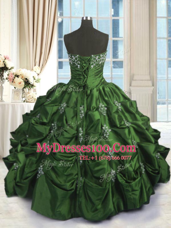 Green Strapless Lace Up Beading and Appliques and Embroidery and Pick Ups Quince Ball Gowns Sleeveless