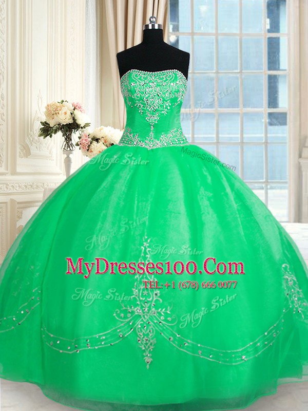 Super Floor Length Green Quinceanera Dress Strapless Sleeveless Lace Up