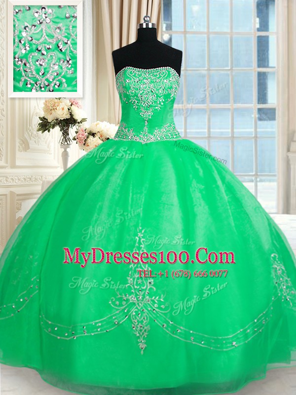 Super Floor Length Green Quinceanera Dress Strapless Sleeveless Lace Up