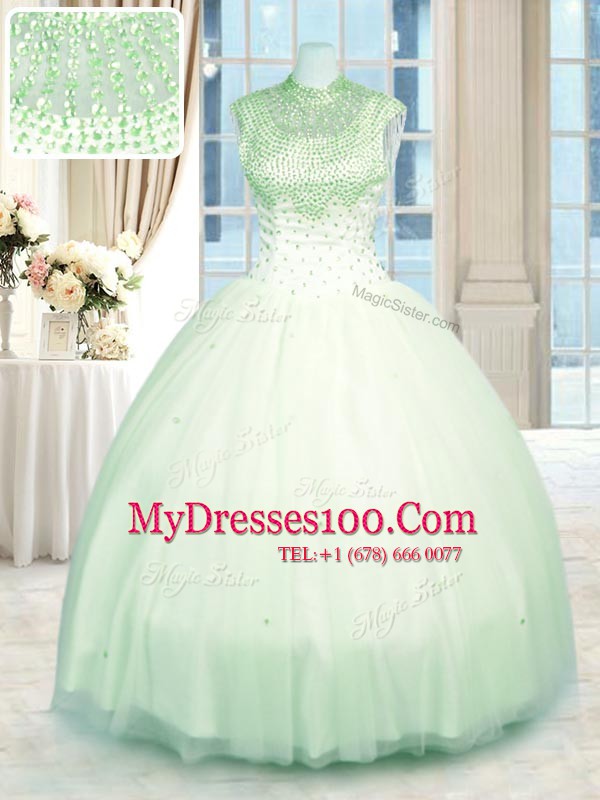 Fantastic Tulle High-neck Sleeveless Zipper Beading Sweet 16 Quinceanera Dress in Apple Green