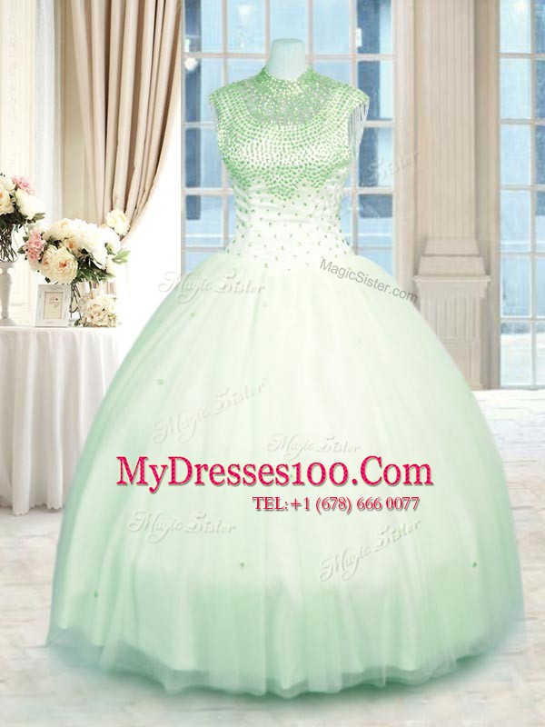 Fantastic Tulle High-neck Sleeveless Zipper Beading Sweet 16 Quinceanera Dress in Apple Green