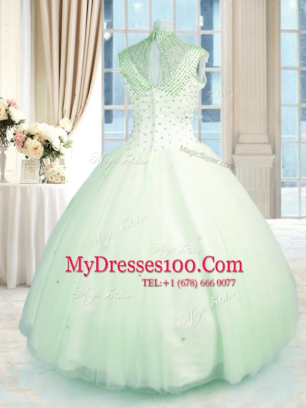 Fantastic Tulle High-neck Sleeveless Zipper Beading Sweet 16 Quinceanera Dress in Apple Green