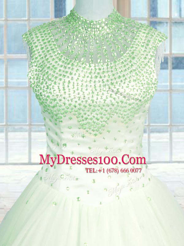 Fantastic Tulle High-neck Sleeveless Zipper Beading Sweet 16 Quinceanera Dress in Apple Green