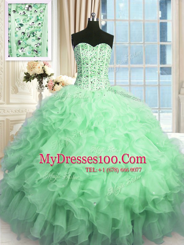 High Quality Floor Length Apple Green Quinceanera Gown Organza Sleeveless Beading and Ruffles and Sequins