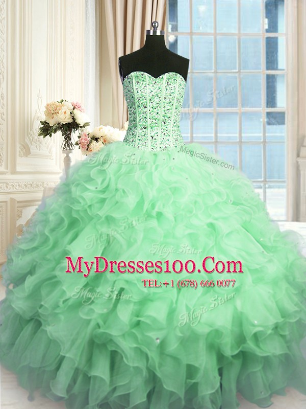 High Quality Floor Length Apple Green Quinceanera Gown Organza Sleeveless Beading and Ruffles and Sequins